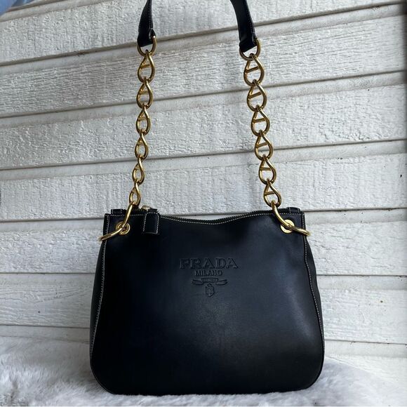 PRADA Black Leather Gold Hobo Baguette Re Edition Galleria Shoulder Bag - Picture 3 of 16